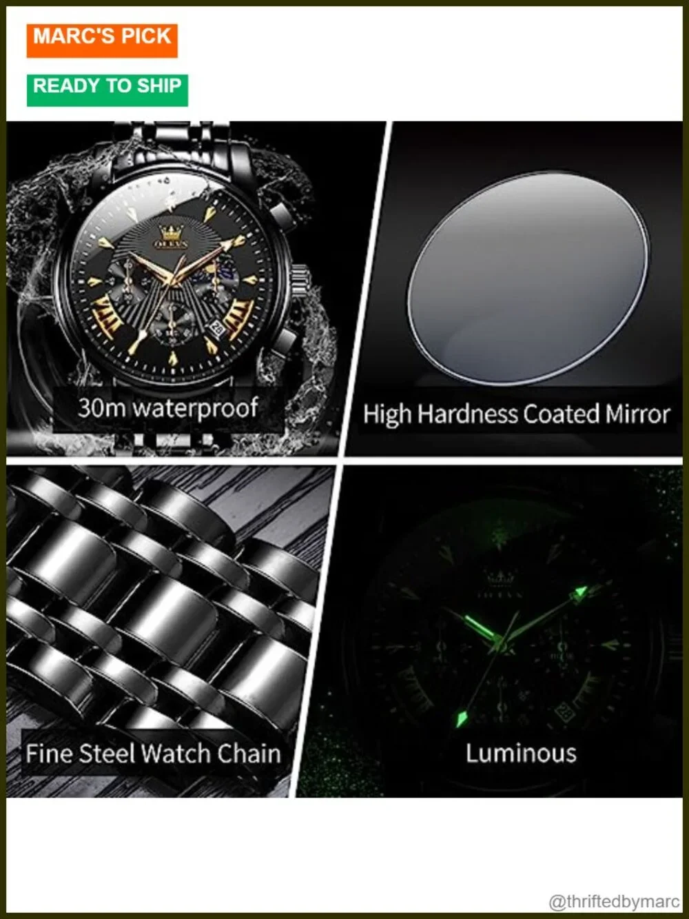 Stainless Steel Chronograph Watch with Calendar Quartz Movement Luminous